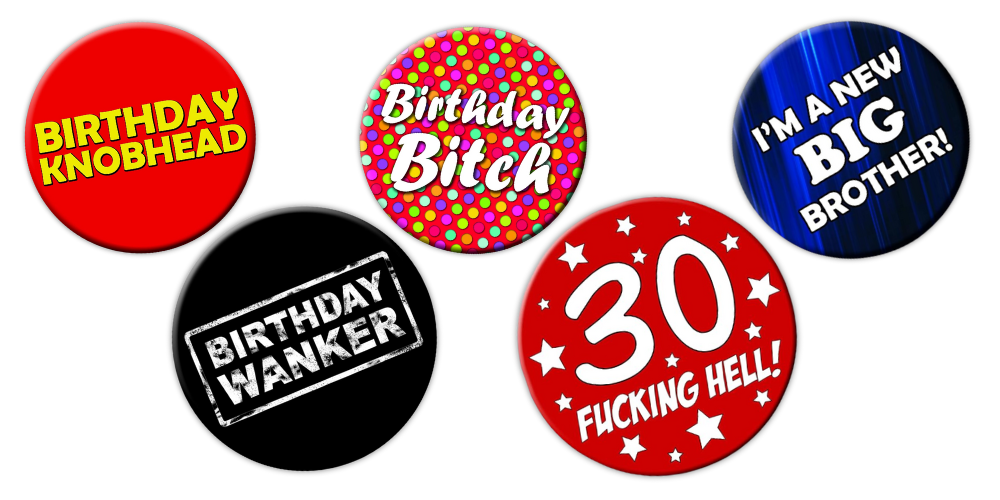 5 Colourful badges with birthday related text on them