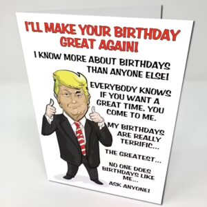 White Birthday Card with a cartoon photo of Donald trump and happy birthday text