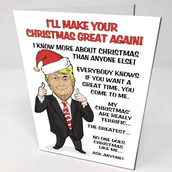 White Birthday Card with a cartoon photo of Donald trump and text about Christmas