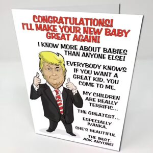 White Birthday Card with a cartoon photo of Donald trump and text about a new baby