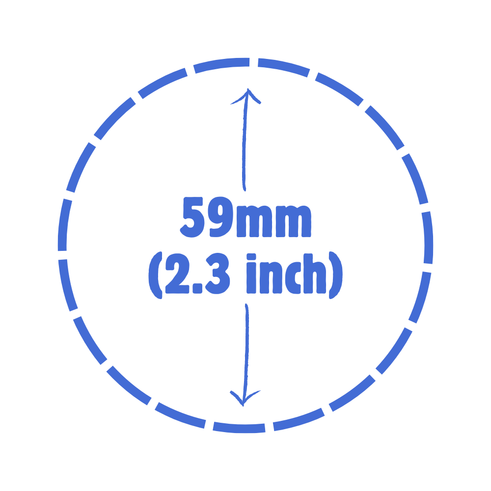 Dotted Blue circle with measurement text inside saying "59mm (2.3 inch)"