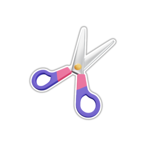 Graphic of cartoon scissors with pink and purple handle