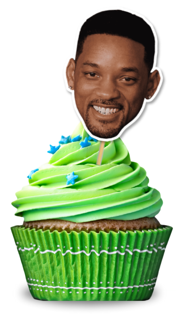 Green cupcake with a personalised cupcake topper of Will Smith's Face