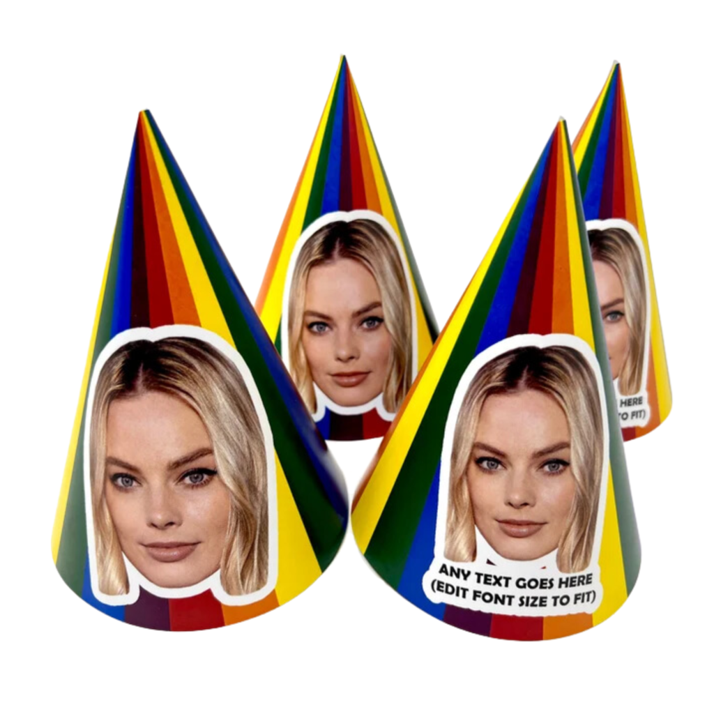 Rainbow-themed party hat - customisable with faces.