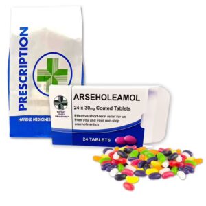 Arseholeamol Novelty Pill Box with Jelly Beans, Prescription Bag, and Packaging