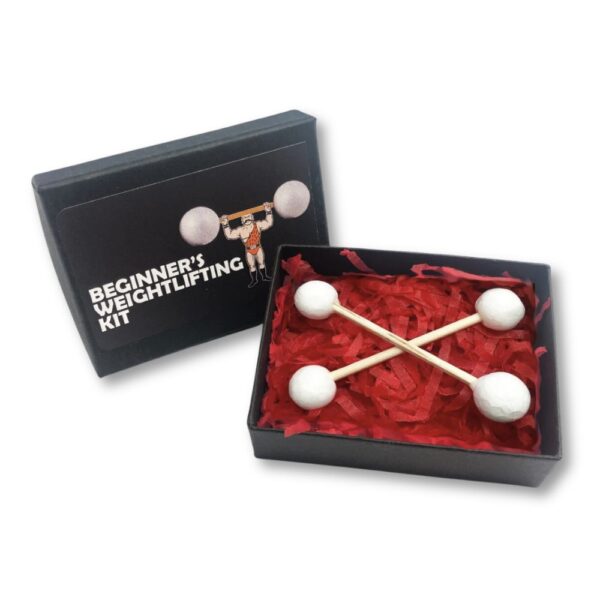 A quirky gag gift set, featuring a Beginner’s Weightlifting Kit for a fun and light-hearted party favour.