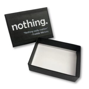 Box of Nothing gift with an empty interior and humorous text, a minimalist gag gift for birthdays