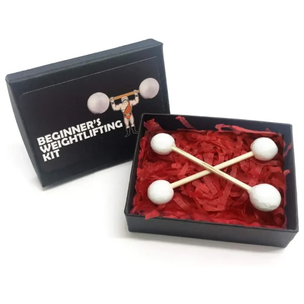 A quirky gag gift set, featuring a Beginner’s Weightlifting Kit for a fun and light-hearted party favour.