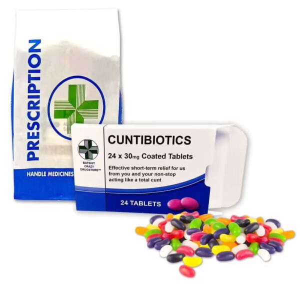 Cuntibiotics Novelty Pill Box with Jelly Beans, Prescription Bag, and Packaging