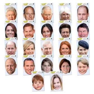 22 Pack of masks including Queen Elizabeth II, Prince Philip, King Charles III, Queen Camilla, Prince William, Kate Middleton, Prince Harry, Prince George, Princess Charlotte, Prince Louis, Meghan Markle, Princess Beatrice, Princess Eugenie, and others.