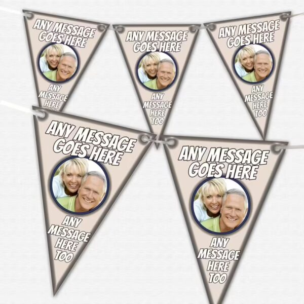 Personalised Beige Bunting with custom photos and text for special celebrations.