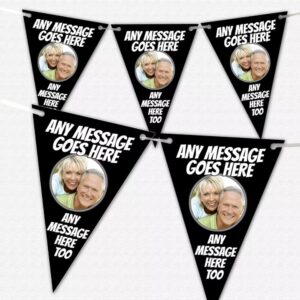 Personalised Black Bunting with custom photos and text for special celebrations.