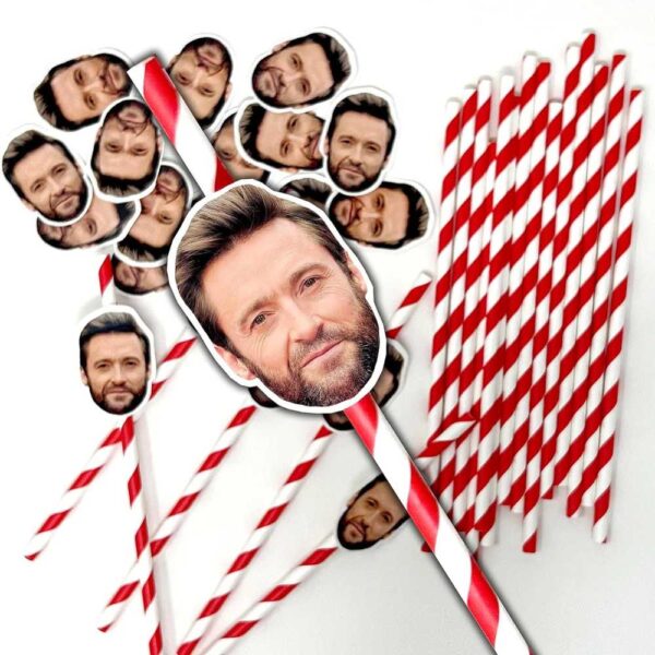 Red and White Personalised Face Straws - Customised with Your Own Photos