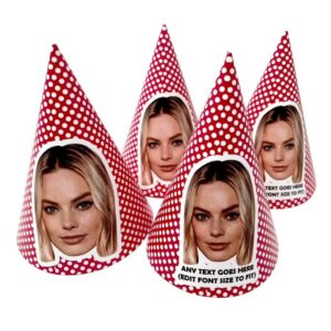 Set of red and white personalised party hats featuring faces, adding a personal touch to celebrations