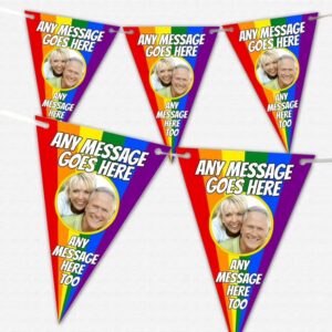 Personalised Rainbow Flag Bunting with custom photos and text for special celebrations.