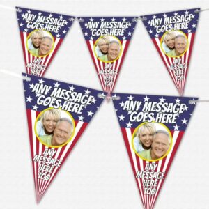 Personalised Stars & Stripes Bunting with custom photos and text for special celebrations.