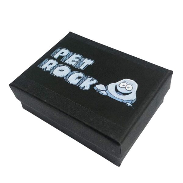 Black gift box featuring Pet Rock branding with a smiling cartoon rock. A perfect quirky gift packaging for the Pet Rock.