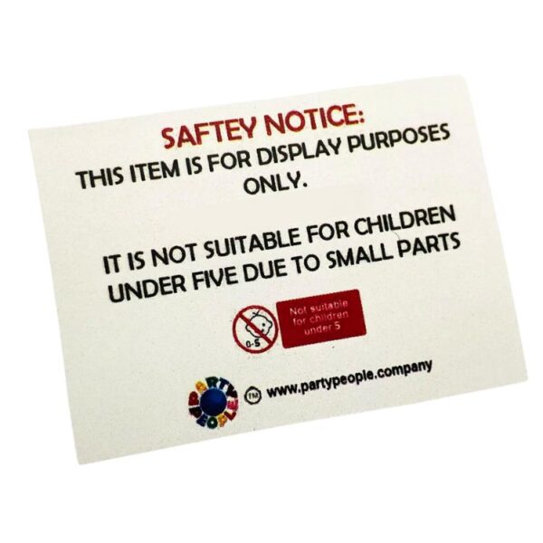 Safety notice card included with Pet Rock, warning that the item is for display purposes and not suitable for children under five due to small parts.