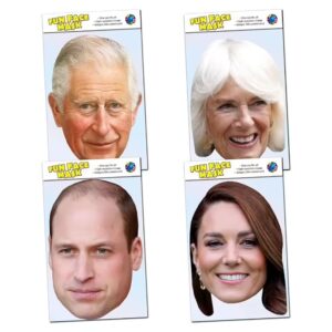 4 Pack of masks including Prince Charles III, Queen Camilla, Prince William, Kate Middleton