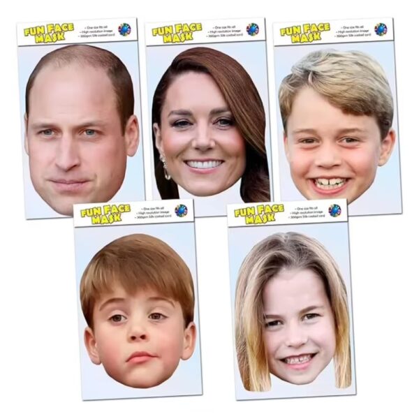 5 Pack of masks including Prince William, Kate Middleton, Prince George, Prince Louis, Princess Charlotte