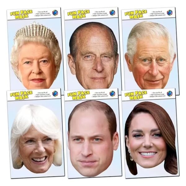 6 Pack of masks including Queen Elizabeth II, Prince Philip, King Charles III, Queen Camilla, Prince William, Kate Middleton