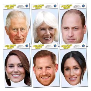 6 Pack of masks including Prince Charles III, Queen Camilla, Prince William, Kate Middleton, Prince Harry, Meghan Markle