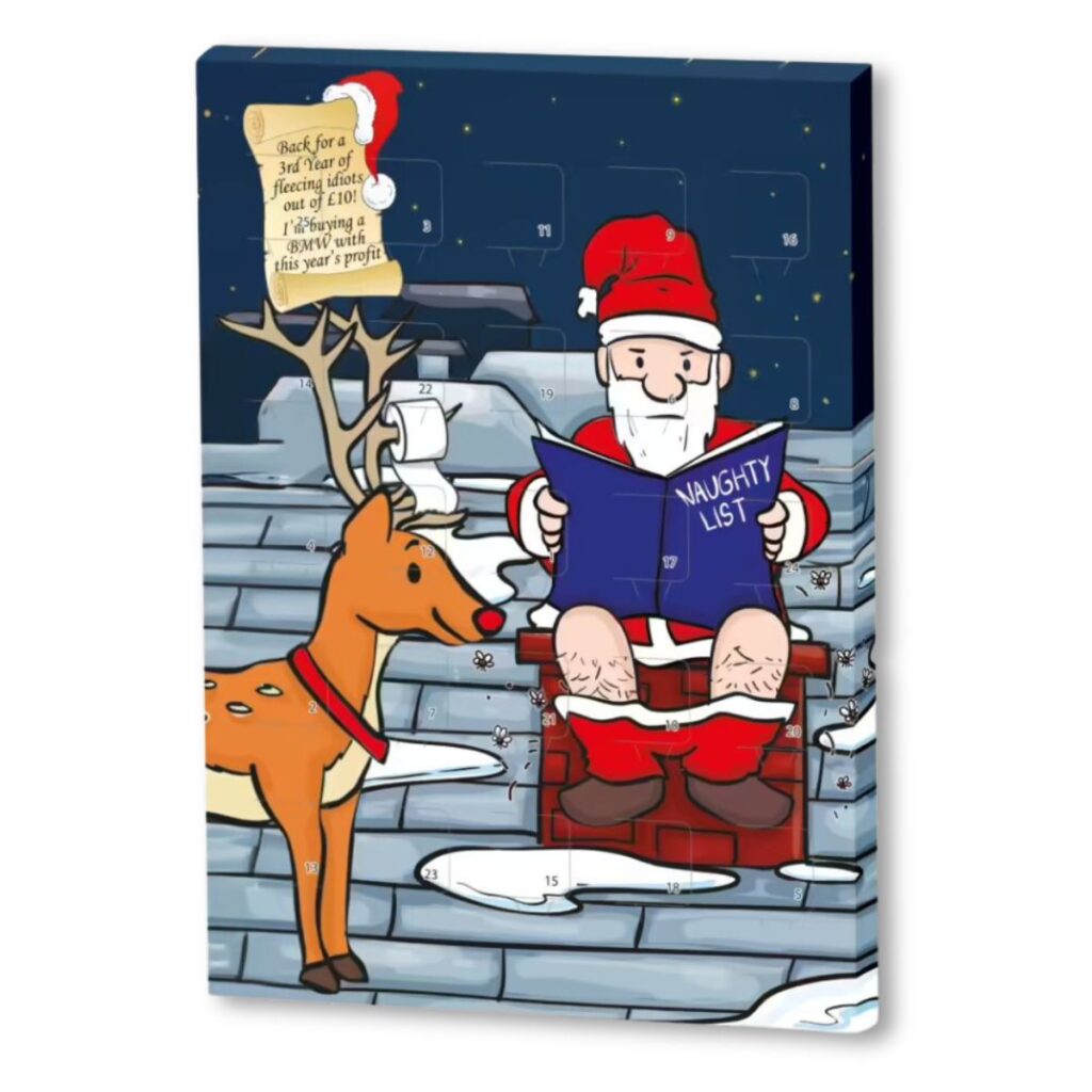 Front view of the World's Most Offensive Advent Calendar featuring Santa on a chimney with a naughty list