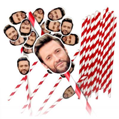 A collection of our red personalised face straws. striped straws with a custom face added.