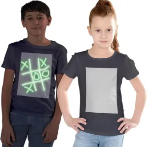 Image of a boy and girl wearing grey glow-in-the-dark T-shirts