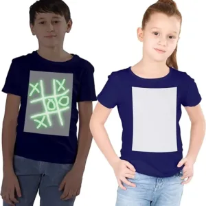 Image of a boy and girl wearing navy glow-in-the-dark T-shirts