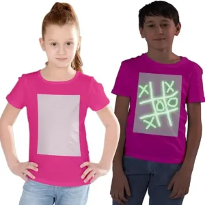 Image of a boy and girl wearing pink glow-in-the-dark T-shirts