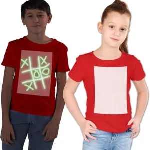 Image of a boy and girl wearing red glow-in-the-dark T-shirts