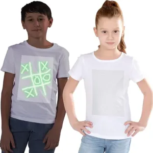 Image of a boy and girl wearing white glow-in-the-dark T-shirts