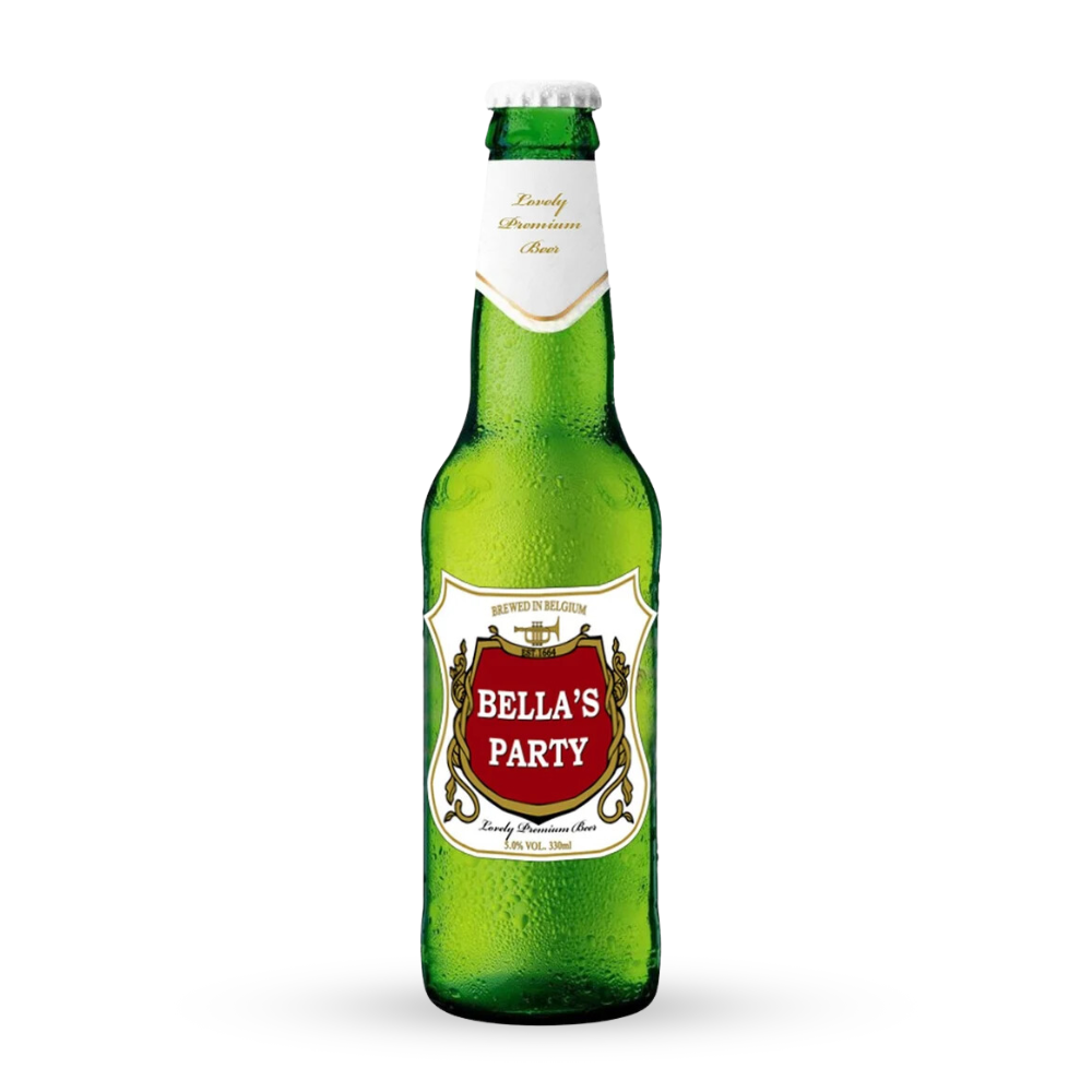 A personalised beer bottle labelled "BELLA'S PARTY."