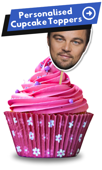Pink cupcake with a personalised cupcake topper of Leonardo Dicaprio's Face