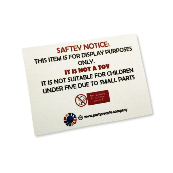 Safety notice card indicating that it is for display purposes only and not suitable for children under five due to small parts.