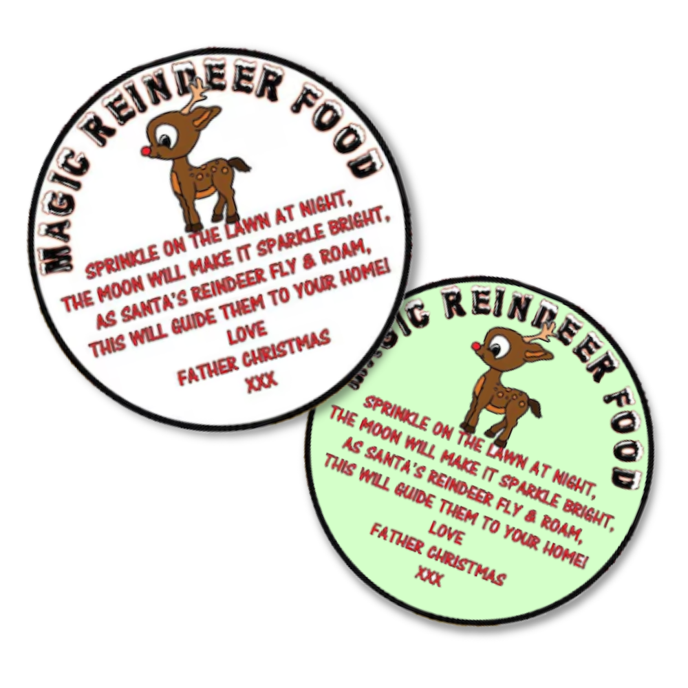 Two Magic Reindeer Food Stickers. White and Green