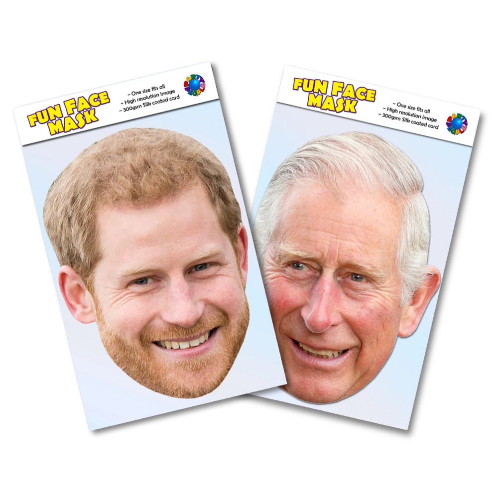 Two Royal Family Masks including Prince Harry and King Charles III