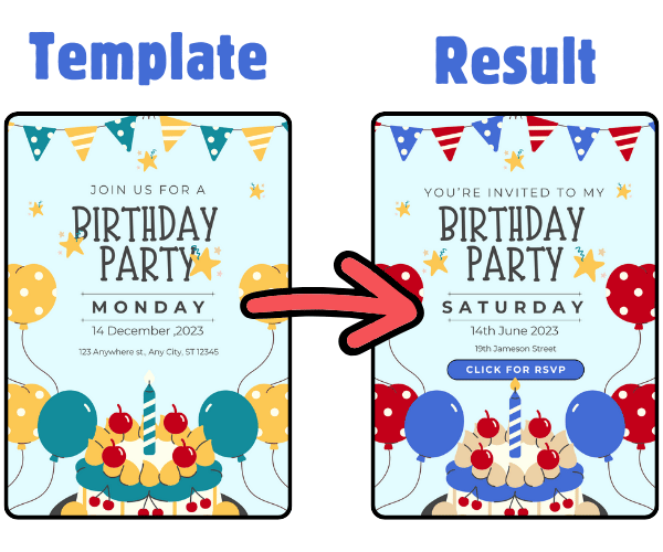 Template and Result of Birthday Invites