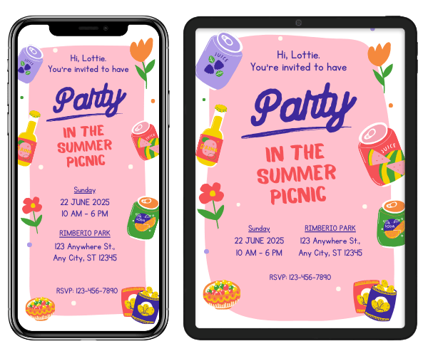 Pink summer themed party invitations on a phone and tablet