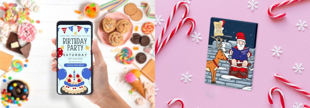 A colourful display of birthday and holiday party treats, featuring a phone with a digital birthday party invitation and festive candy canes, symbolising celebration ideas for all types of party blogs.