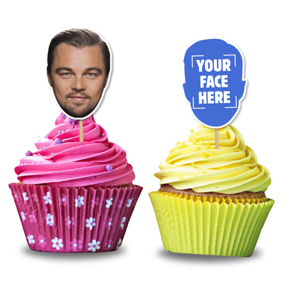 Two cupcakes with faces on them, one labelled "YOUR FACE HERE"