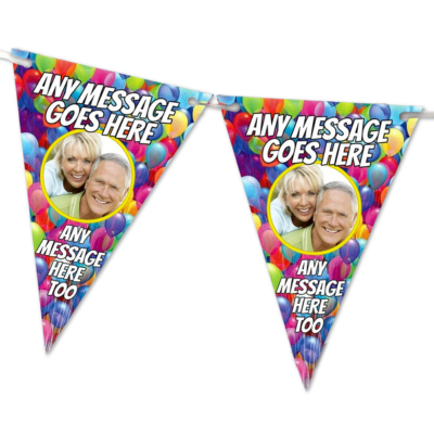 Personalised bunting with custom messages and faces, ideal for indoor or outdoor party decorations