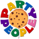 A colourful logo that reads "PARTY PEOPLE" arranged in a circle around a cookie.