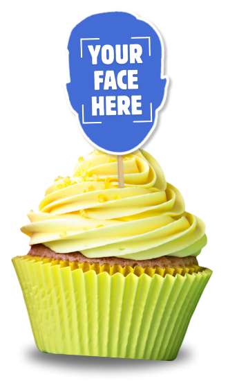 Yellow cupcake with a personalised cupcake topper with text "Your Face Here"