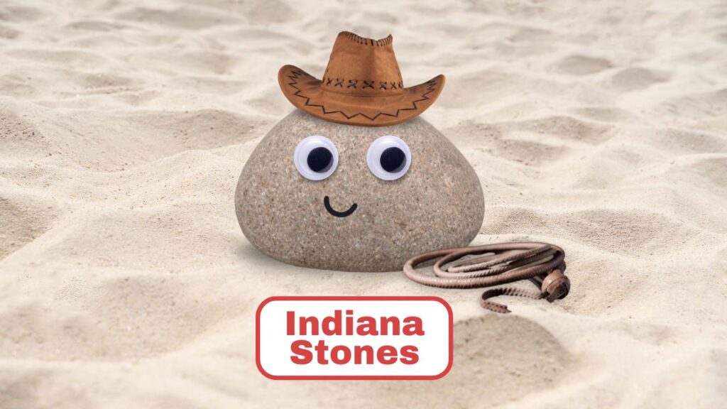 A pet rock with googly eyes, a cowboy hat, and a lasso, named "Indiana Stones," sitting on sandy beach.