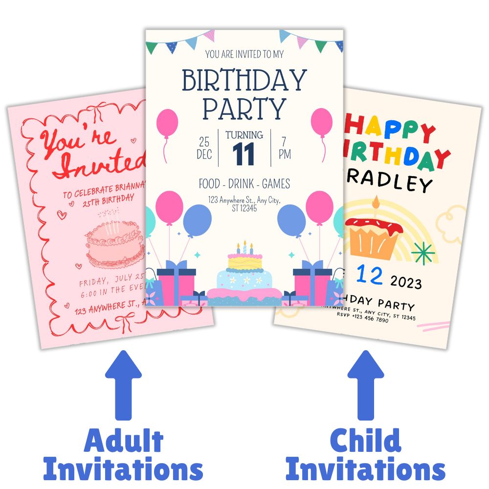 Examples of digital birthday invitations for both adults and children, ready to be customised for a virtual party.