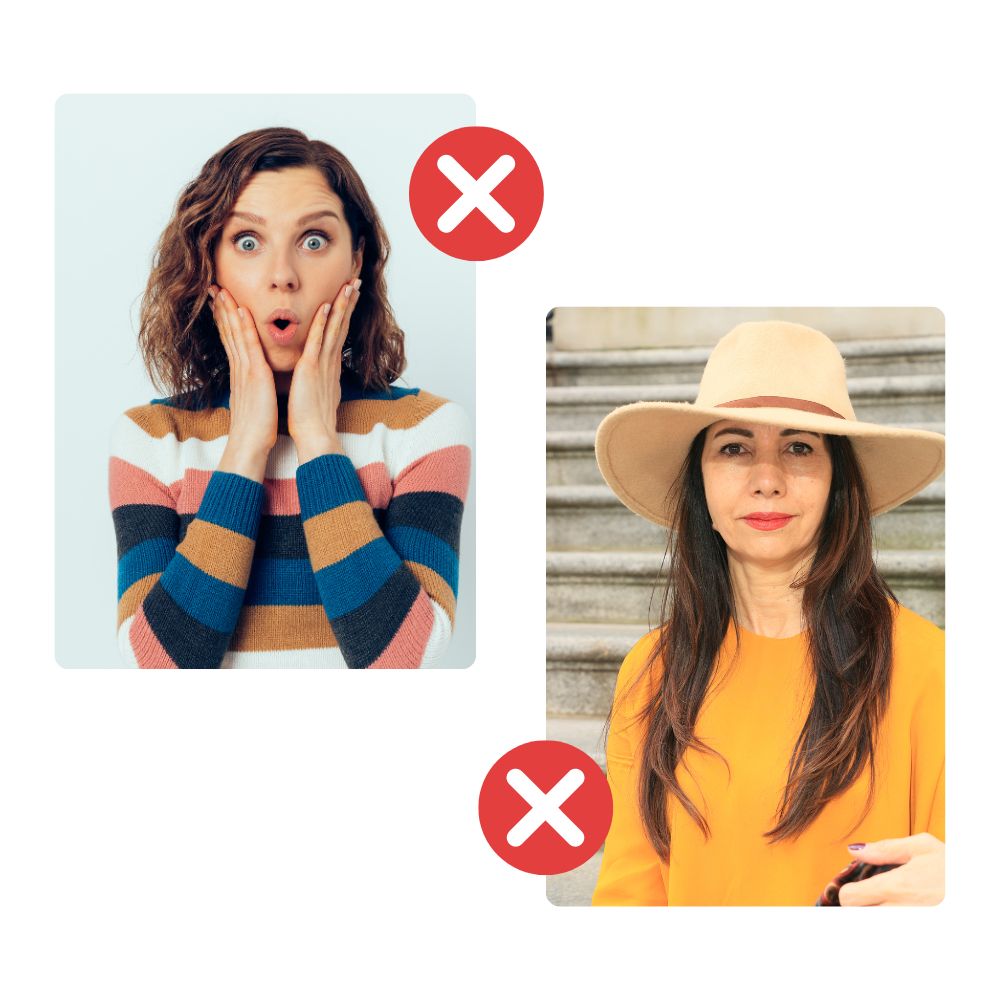 Demonstration of common mistakes, like covering the face with hands or hats, when selecting photos for personalised face masks.