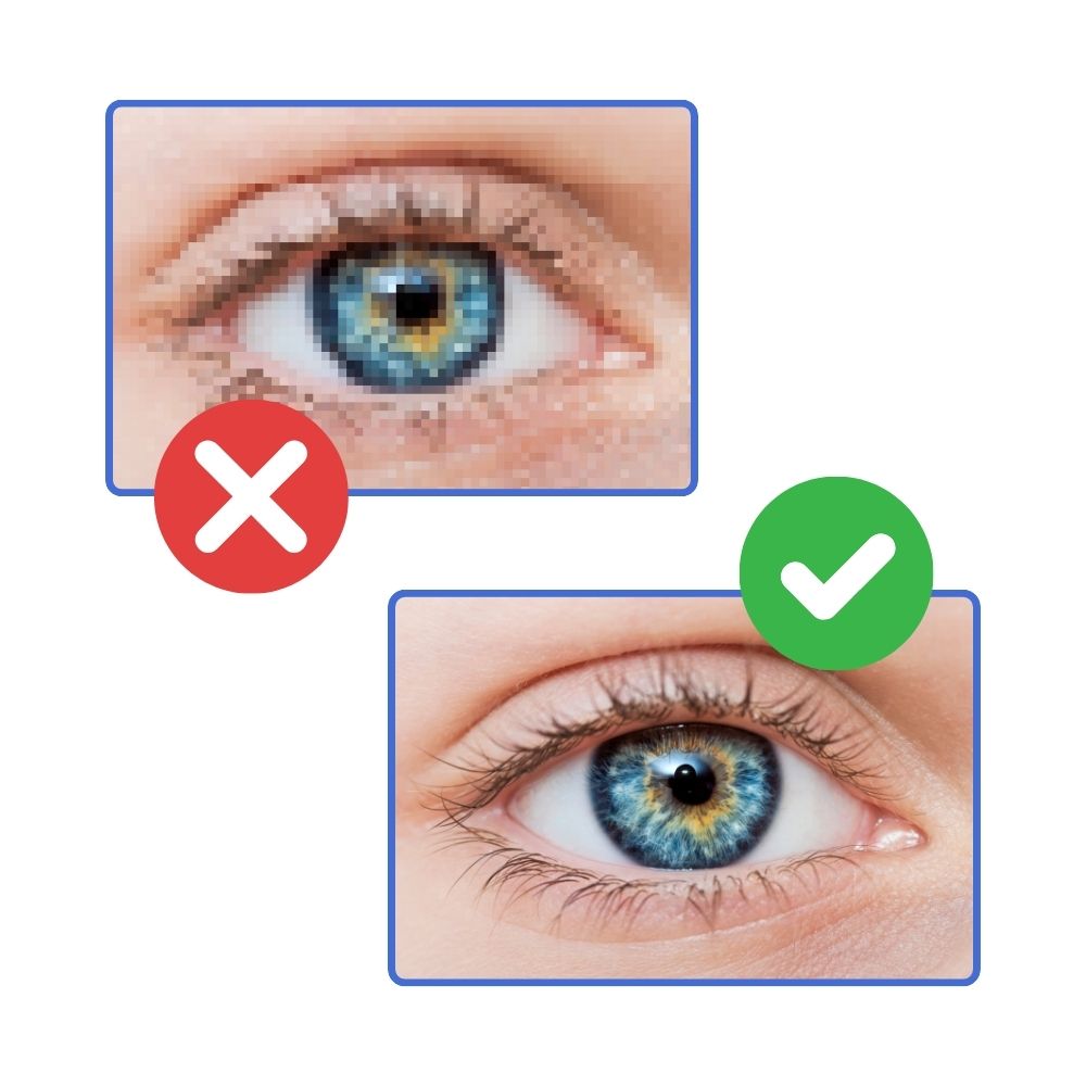 Comparison of a low-quality compressed photo versus a high-quality photo for a personalised face mask.