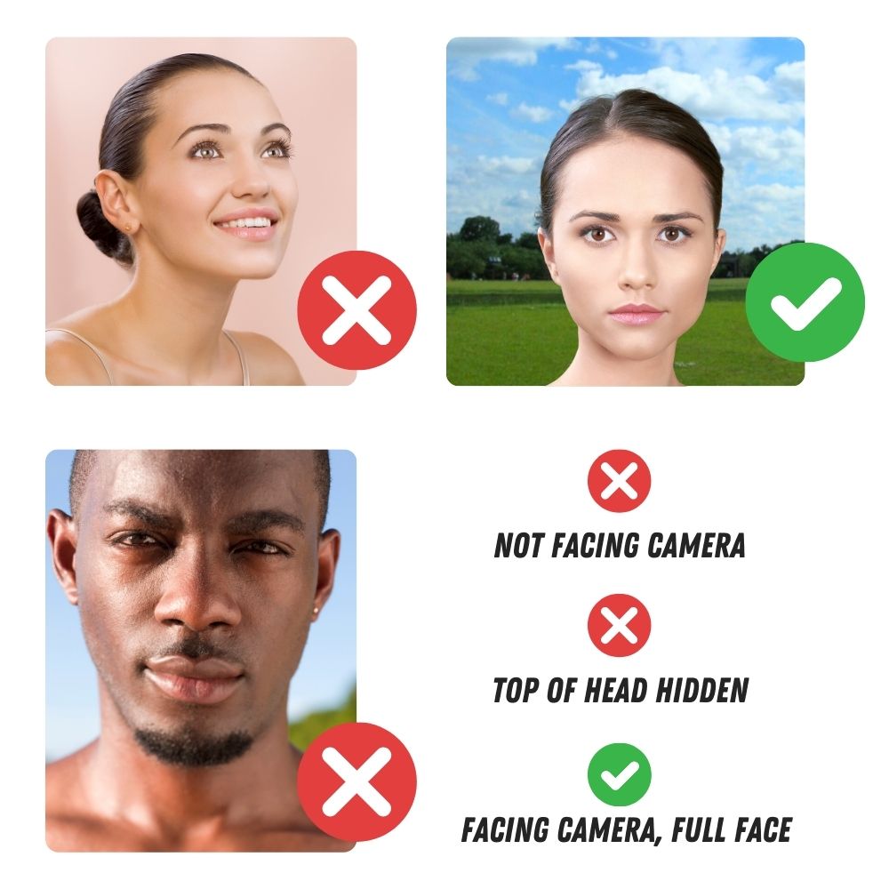 Instructions on positioning the face properly for personalised face mask photos, ensuring full face visibility and forward-facing.